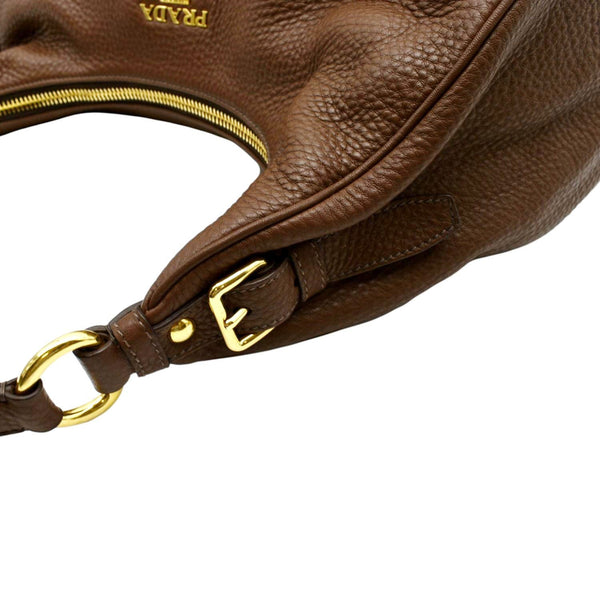 PRADA Logo Leather Hobo Bag Tan