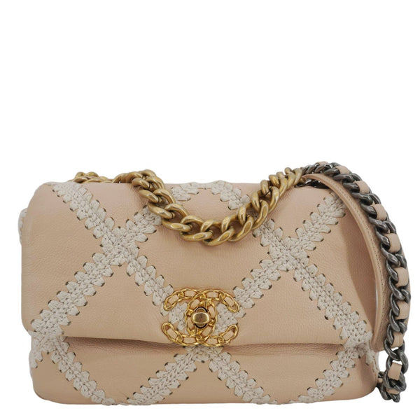 CHANEL 19 Flap Medium Calfskin Crochet Shoulder Bag Beige