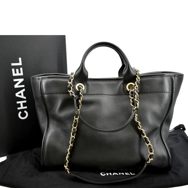 CHANEL Deauville Medium Calfskin Leather Tote Bag Black