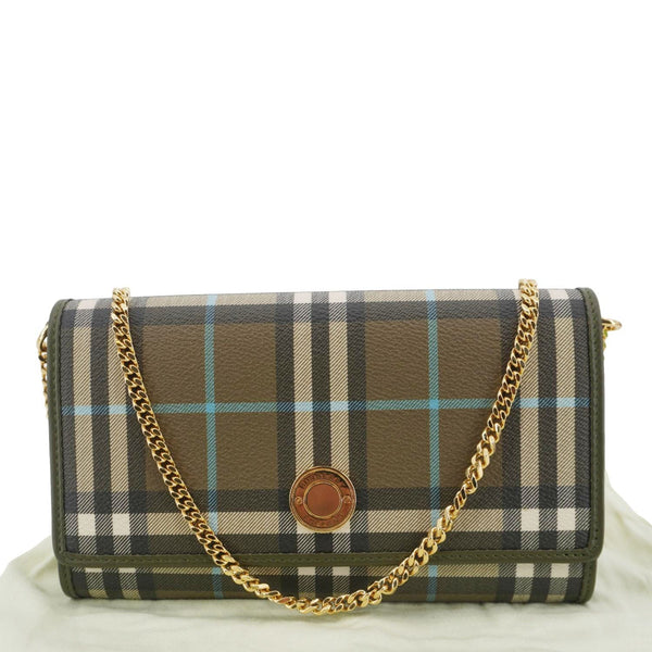 BURBERRY Check Canvas Chain Crossbody Bag Olive Green