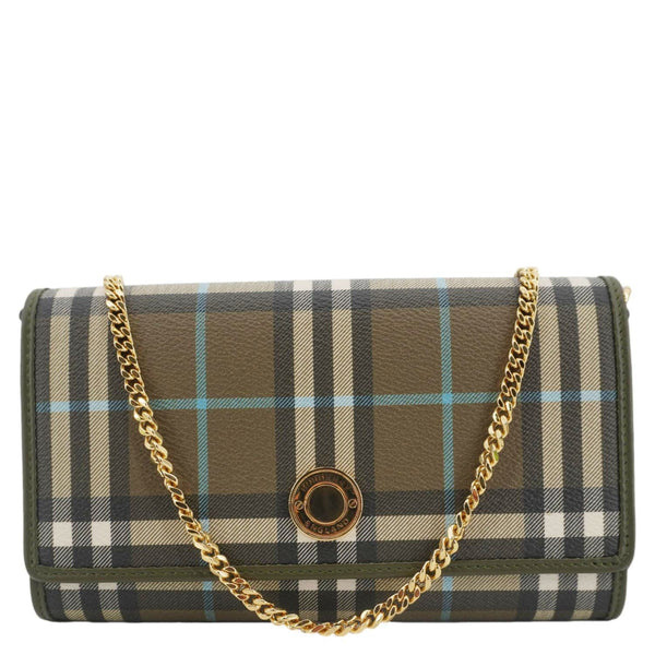 BURBERRY Check Canvas Chain Crossbody Bag Olive Green