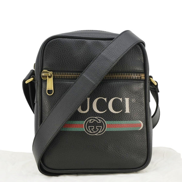 GUCCI Logo Grained Leather Messenger Bag Black 523591