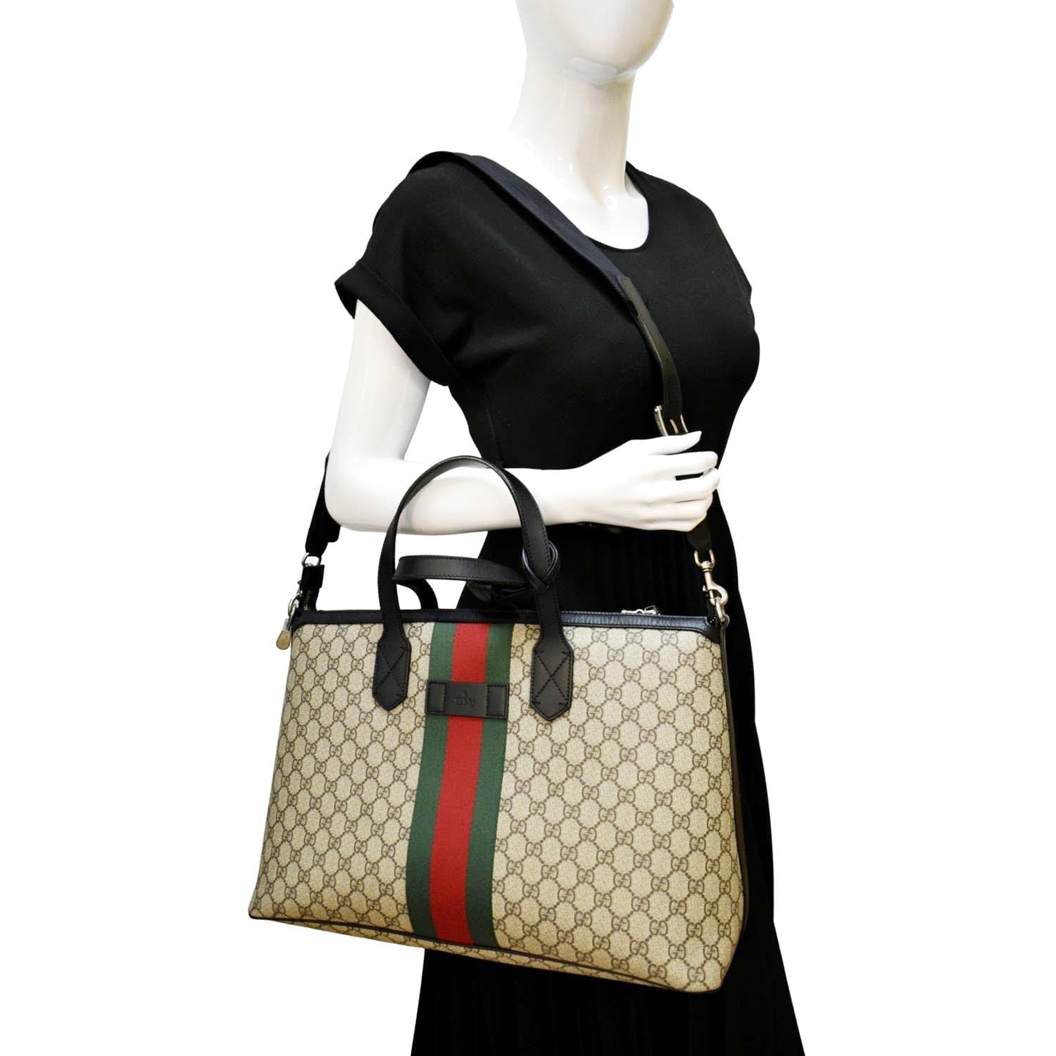 GUCCI Zipper Web GG Supreme Canvas Tote Shoulder Bag Black 359261