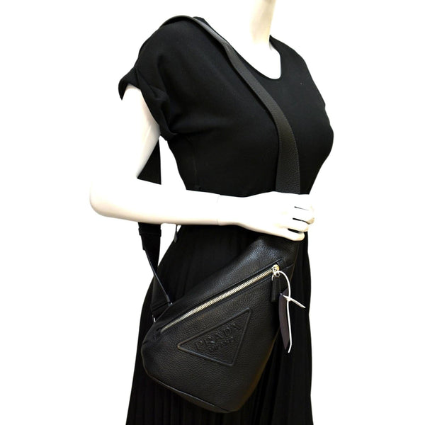 PRADA Triangle Sling Leather Shoulder Bag Black