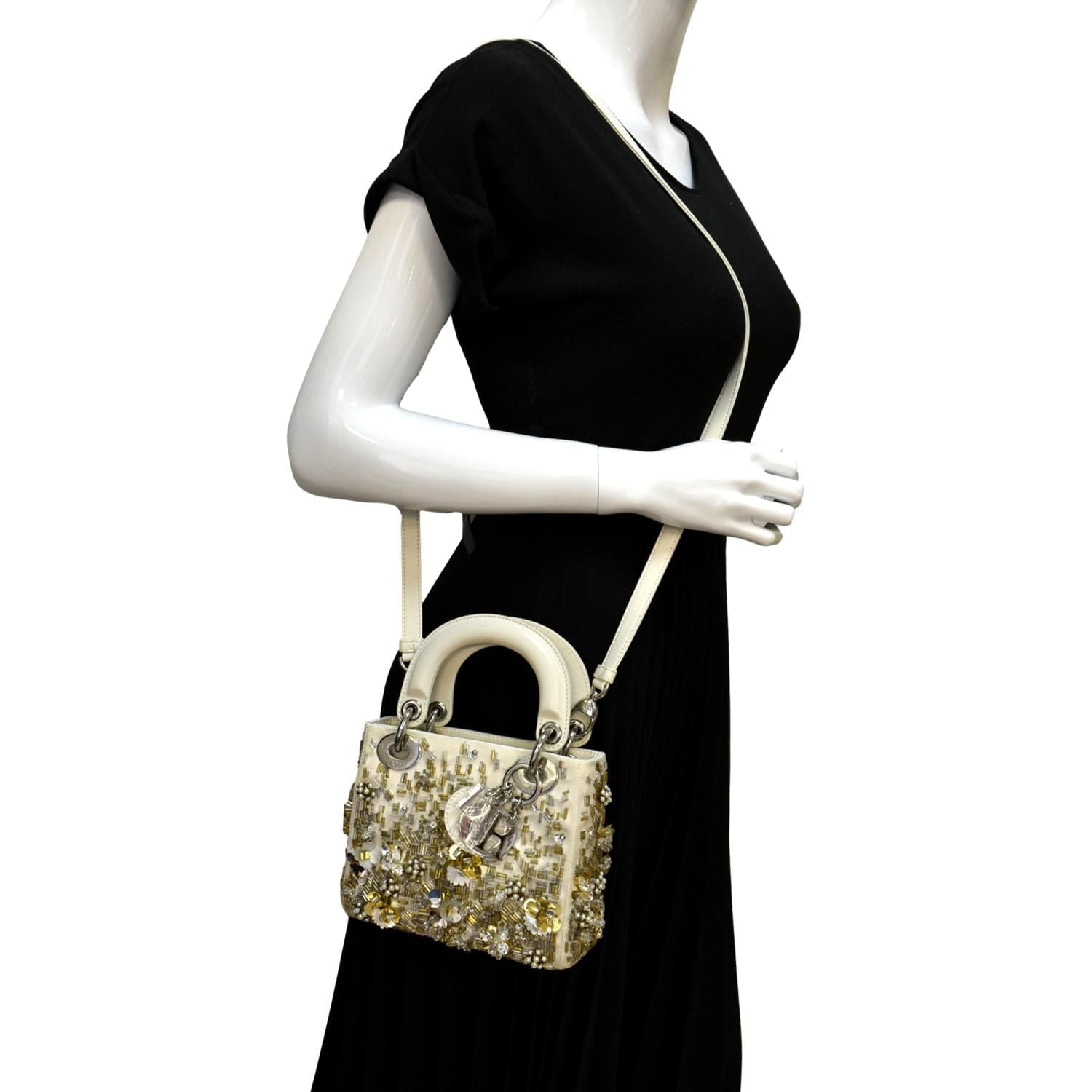 Lady Dior Mini in Silver Satin Bag with Crystal Details - AWL1627
