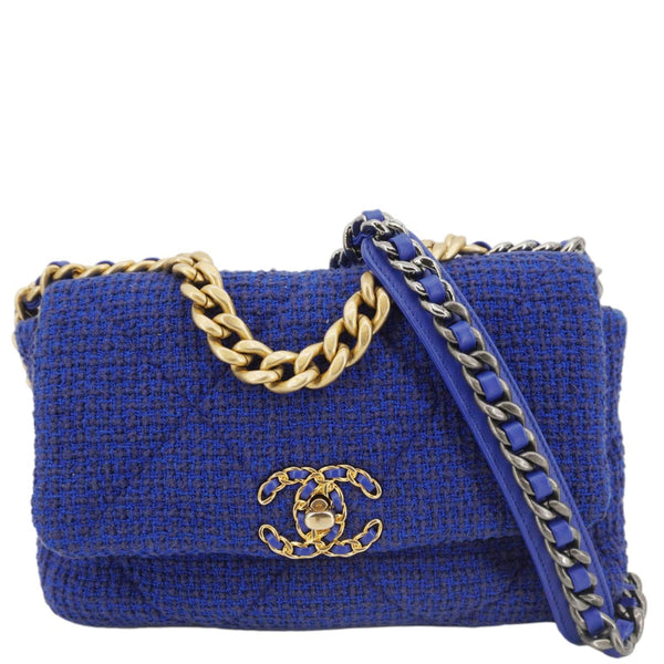 CHANEL 19 Flap Quilted Tweed Shoulder Bag Blue