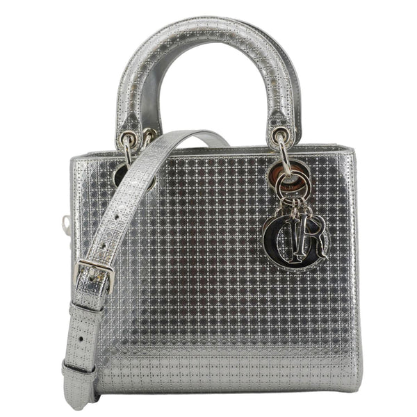 CHRISTIAN DIOR Lady Dior Medium Leather Shoulder Bag Metallic Silver