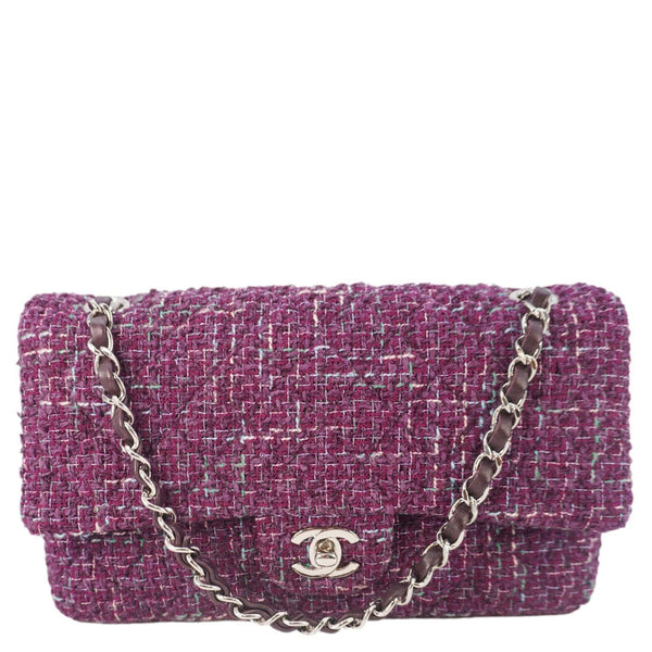 CHANEL Classic Double Flap Tweed Medium Shoulder Bag Purple