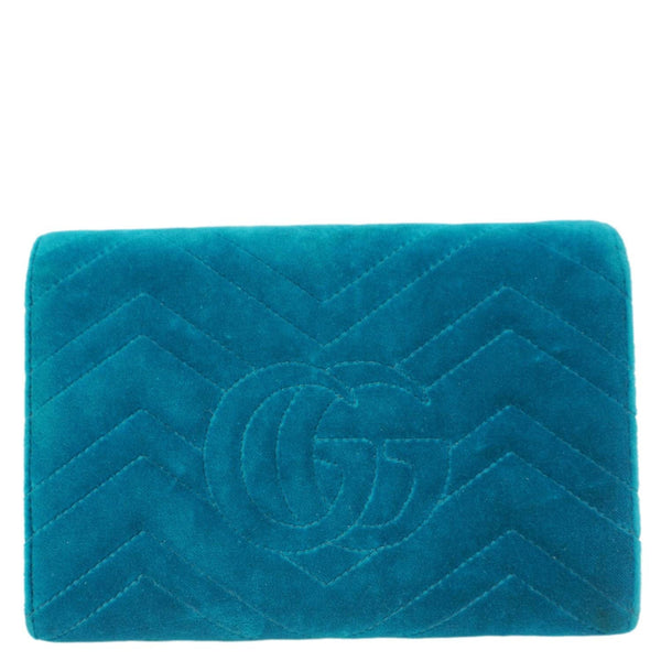 GUCCI GG Marmont Matelasse Velvet Chain Wallet Pavone Cyan 474575