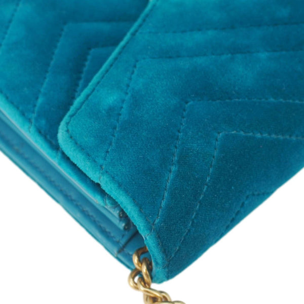 GUCCI GG Marmont Matelasse Velvet Chain Wallet Pavone Cyan 474575