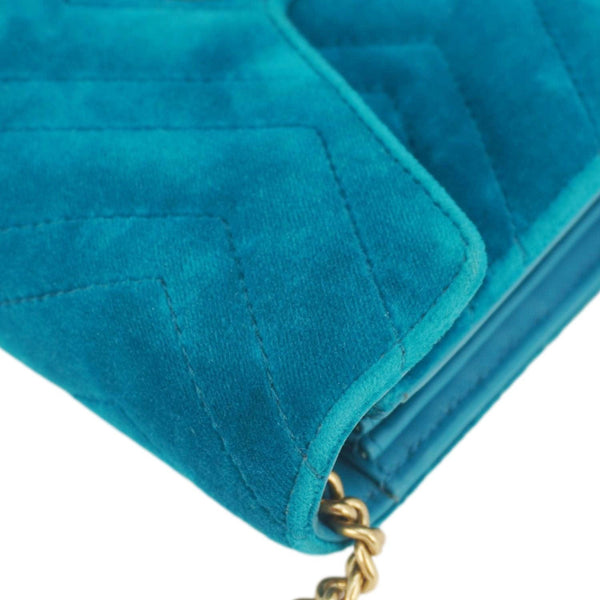 GUCCI GG Marmont Matelasse Velvet Chain Wallet Pavone Cyan 474575