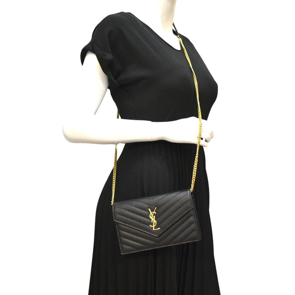 YSL Cassandre Matelasse Chain Wallet Crossbody Bag Black