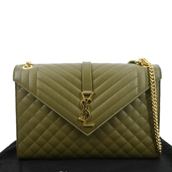 YVES SAINT LAURENT Large Envelope Flap Matelasse Leather Shoulder Bag Khaki Green