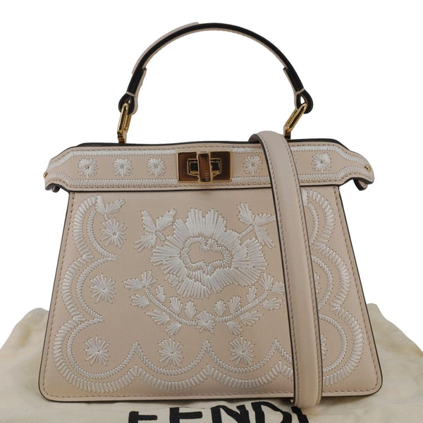 FENDI Peekaboo Vitello Seta Nappa Floral Embroidered Leather Tote Bag Camelia