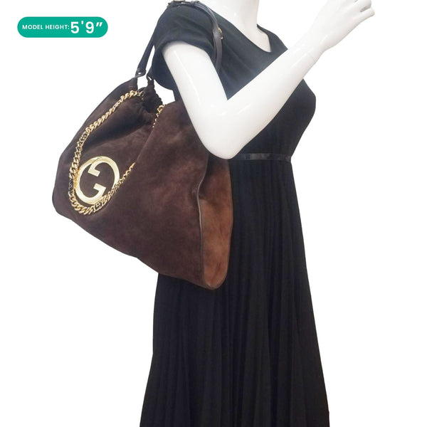 GUCCI Blondie Large Suede Tote Shoulder Bag Brown 747372