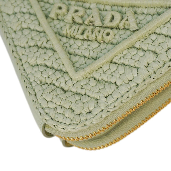 PRADA Triangle Logo Raffia Embroidered Leather Chain Pouch Green