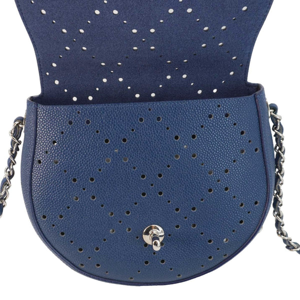 CHANEL Perforated Caviar Leather Messenger Bag Navy Blue