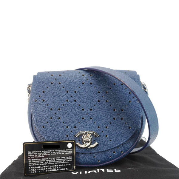 CHANEL Perforated Caviar Leather Messenger Bag Navy Blue