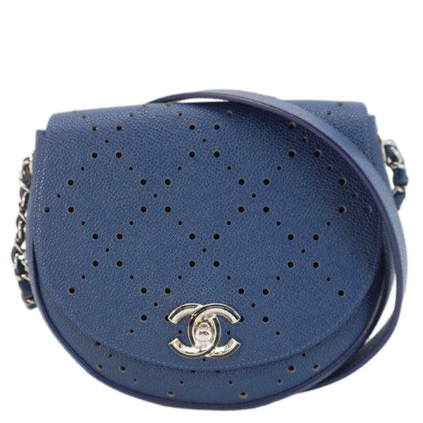 CHANEL Perforated Caviar Leather Messenger Bag Navy Blue