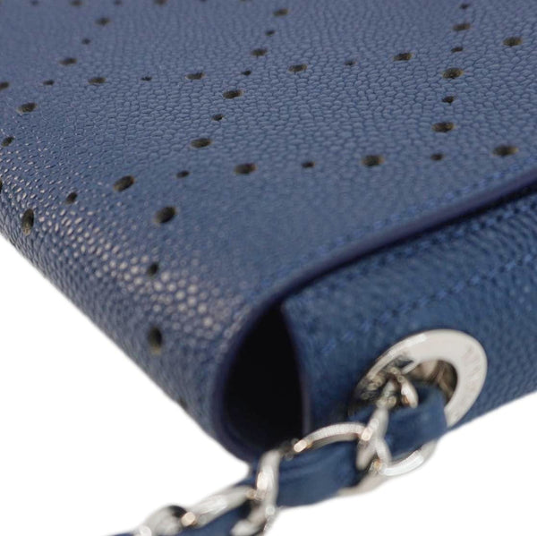 CHANEL Perforated Caviar Leather Messenger Bag Navy Blue