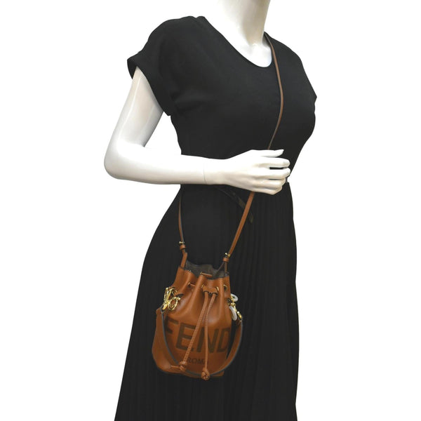 Fendi Mon Tresor Leather Bucket Crossbody Bag in Brown - Full View