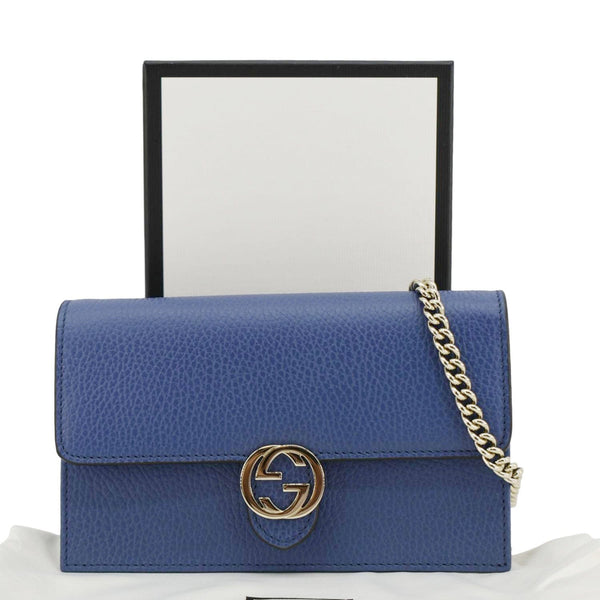 GUCCI Dollar Interlocking G Calfskin Leather Chain Wallet Crossbody Bag Blue 510314