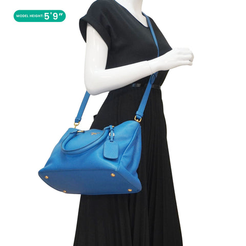 PRADA Vitello Daino Leather Tote Shoulder Bag Blue