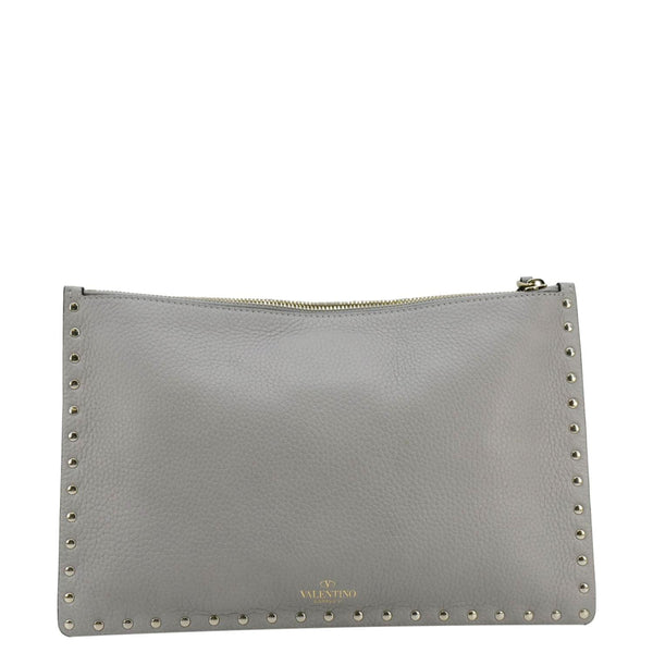 VALENTINO GARAVANI Rockstud Zip Clutch Leather Grey Pouch back side