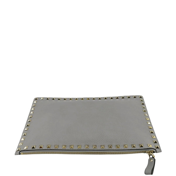 VALENTINO GARAVANI Rockstud Zip Clutch Leather Grey Pouch upper