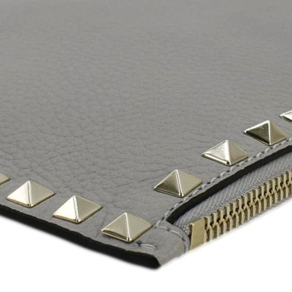 VALENTINO GARAVANI Rockstud Zip Clutch Leather Pouch Grey