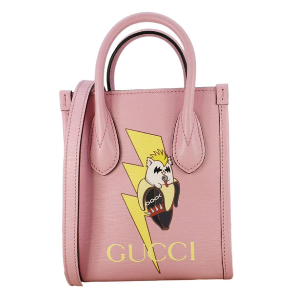 GUCCI X BNF Bananya Print Leather Vertical Tote Bag Pink 671623