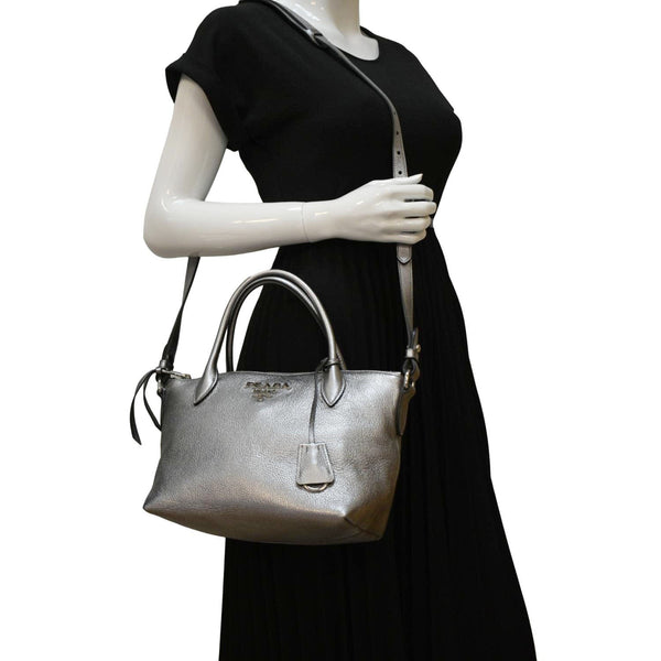 PRADA Vitello Daino Leather Tote Shoulder Bag Silver