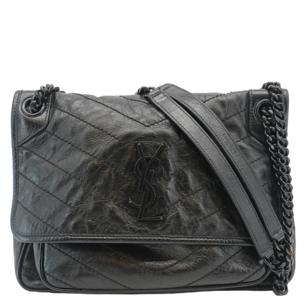 YVES SAINT LAURENT Niki Baby Crinkle Leather Shoulder Bag Black