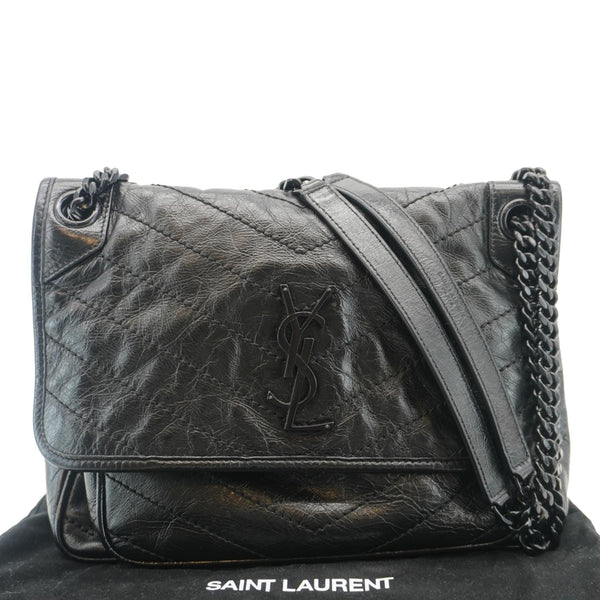 YVES SAINT LAURENT Niki Baby Crinkle Leather Shoulder Bag Black