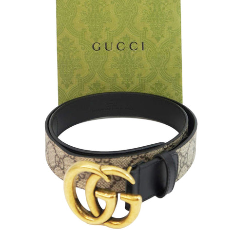 GUCCI Double G Buckle GG Supreme Leather Belt Beige 625839 Size 90.36