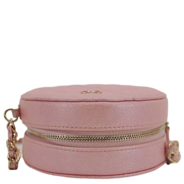 CHANEL Round Quilted Iridescent Caviar Leather Clutch Crossbody Bag Pink