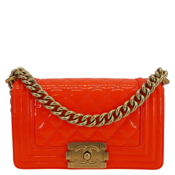 CHANEL Boy Flap Small Quilted Patent Leather Shoulder Bag Orange