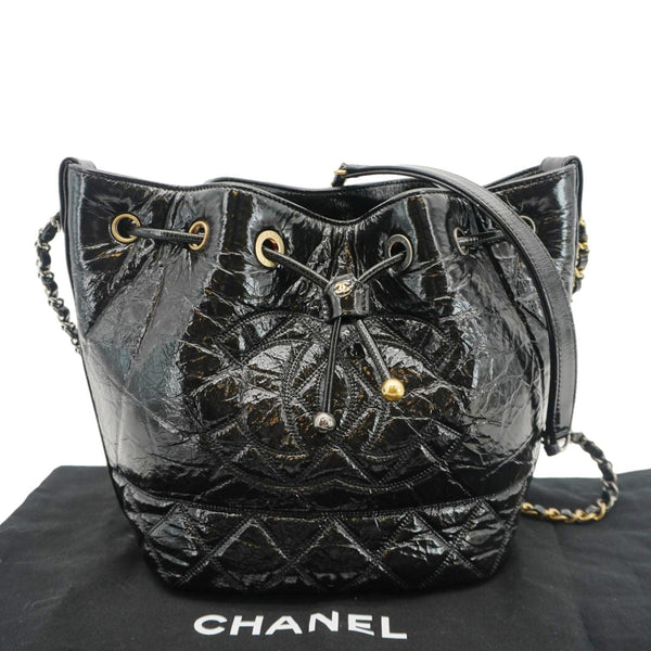 CHANEL CC Drawstring Shiny Aged Calfskin Chain Shoulder Bag Black