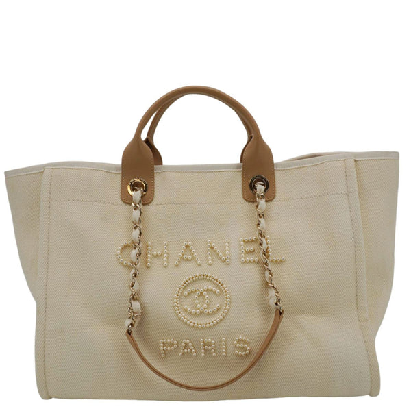 CHANEL Deauville Medium Pearl Embellished Canvas Tote Bag Cream