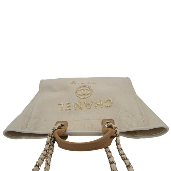 CHANEL Deauville Medium Pearl Embellished Canvas Tote Bag Cream