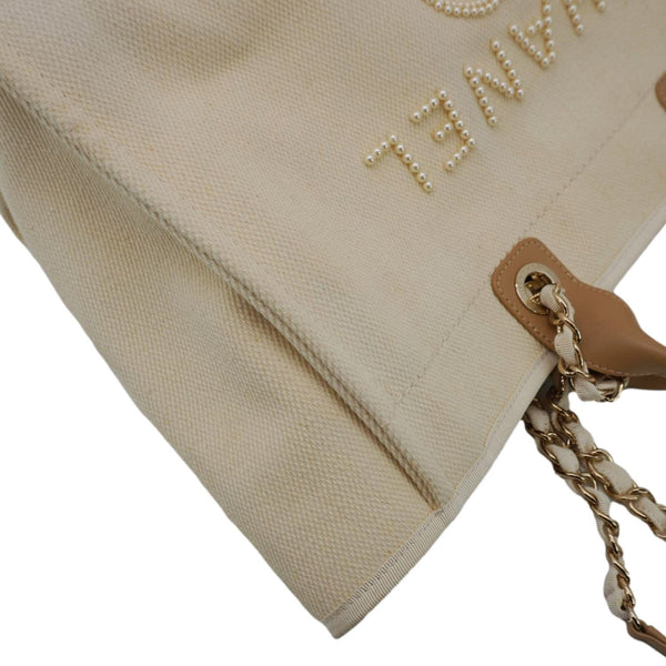 CHANEL Deauville Medium Pearl Embellished Canvas Tote Bag Cream