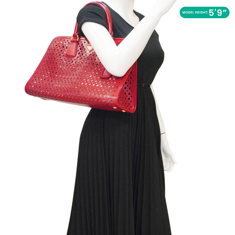 PRADA Saffiano Perforated Leather Tote Bag Red