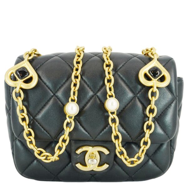 CHANEL Enamel Pearl Charm Me Square Flap Mini Quilted Lambskin Leather Crossbody Bag Black