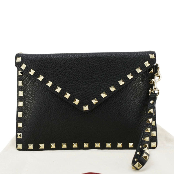 VALENTINO Rockstud V-Flap Leather Wristlet Black