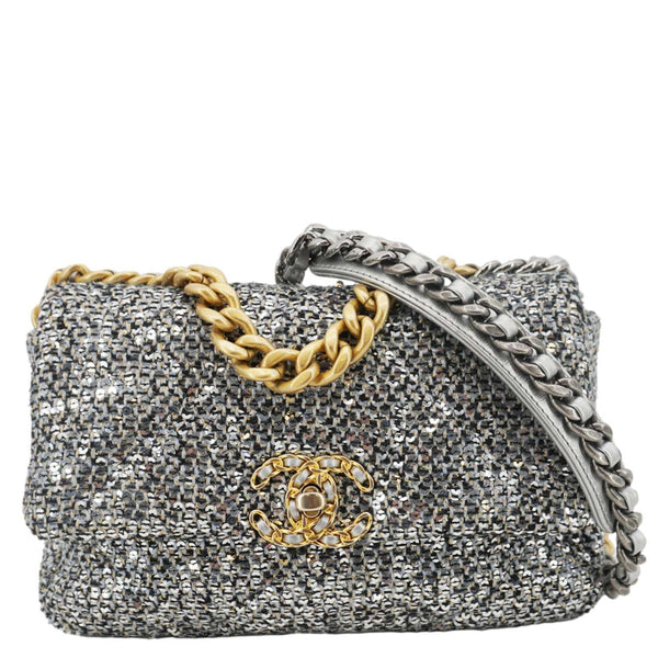 CHANEL 19 Medium Flap Quilted Sequin Shoulder Bag Metallic Silver