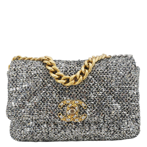 CHANEL 19 Medium Flap Quilted Sequin Shoulder Bag Metallic Silver