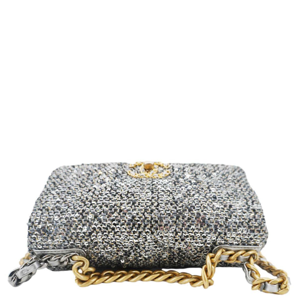 CHANEL 19 Medium Flap Quilted Sequin Shoulder Bag Metallic Silver