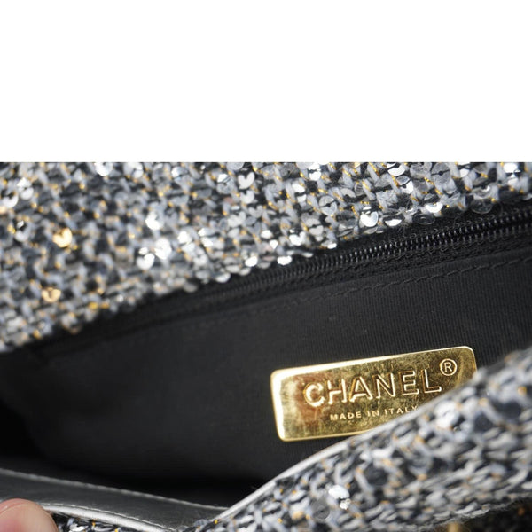 CHANEL 19 Medium Flap Quilted Sequin Shoulder Bag Metallic Silver