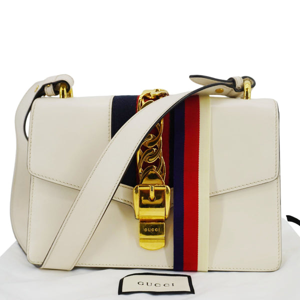 Gucci Sylvie Small Web Leather Shoulder Bag White 421882