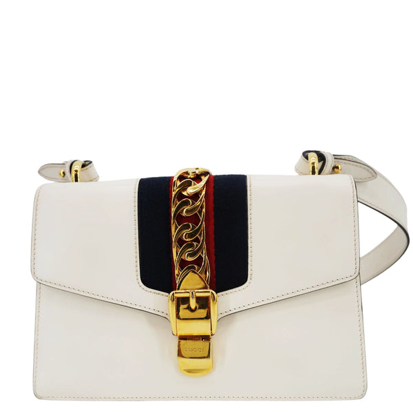 Gucci Sylvie Small Web Leather Shoulder Bag White 421882